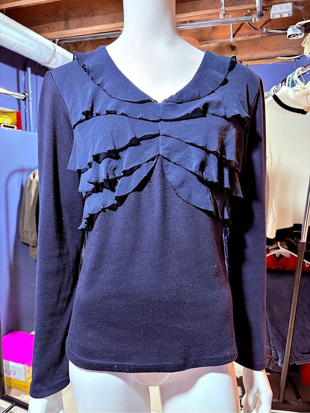 POMA Women's Blue Ruffle Long Sleeve Blouse. Flattering Fit Size S
